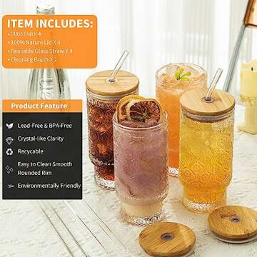 KEMORELA Old Fashioned Glass, Glass Cups with Lids and Straws, Vintage Drinking Glasses Set, 16 Oz XL Stackable Drinking Glasses for Cocktail, Smoothies, Lemonade