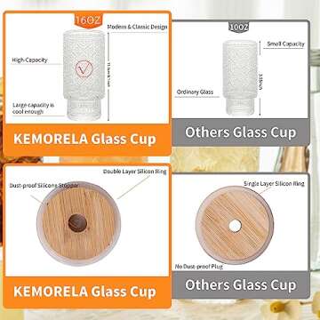 KEMORELA Old Fashioned Glass, Glass Cups with Lids and Straws, Vintage Drinking Glasses Set, 16 Oz XL Stackable Drinking Glasses for Cocktail, Smoothies, Lemonade