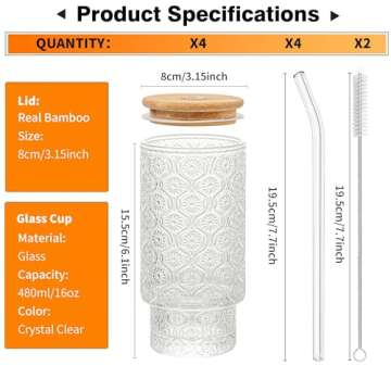 KEMORELA Old Fashioned Glass, Glass Cups with Lids and Straws, Vintage Drinking Glasses Set, 16 Oz XL Stackable Drinking Glasses for Cocktail, Smoothies, Lemonade