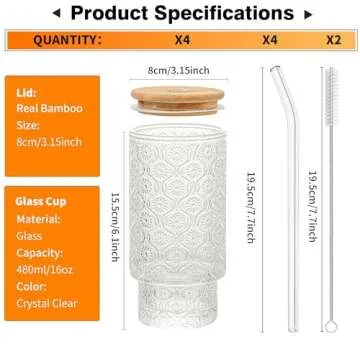 KEMORELA Old Fashioned Glass, Glass Cups with Lids and Straws, Vintage Drinking Glasses Set, 16 Oz XL Stackable Drinking Glasses for Cocktail, Smoothies, Lemonade