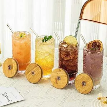 KEMORELA Old Fashioned Glass, Glass Cups with Lids and Straws, Vintage Drinking Glasses Set, 16 Oz XL Stackable Drinking Glasses for Cocktail, Smoothies, Lemonade