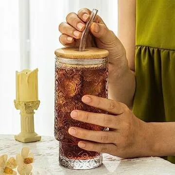 KEMORELA Old Fashioned Glass, Glass Cups with Lids and Straws, Vintage Drinking Glasses Set, 16 Oz XL Stackable Drinking Glasses for Cocktail, Smoothies, Lemonade