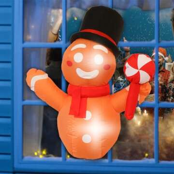 Dazzle Bright 3.5Ft Christmas Outdoor Decoration, Christmas Inflatables Gingerbread with Xmas Hat Candy Cane Broke Out from Window for Christmas Party Indoor, Outdoor, Yard, Garden, Lawn Decoration