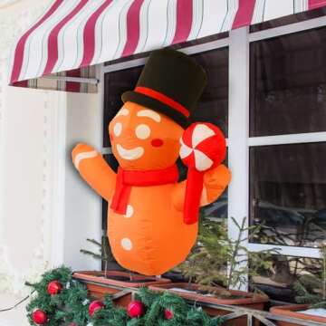 Dazzle Bright 3.5Ft Christmas Outdoor Decoration, Christmas Inflatables Gingerbread with Xmas Hat Candy Cane Broke Out from Window for Christmas Party Indoor, Outdoor, Yard, Garden, Lawn Decoration