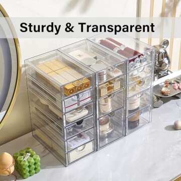 Prsildan Acrylic Drawer Organizer with 15 Drawers, Makeup Craft Office Desk Organizers Accessories, Set of 3 Clear Stackable Storage Drawers for Vanity, Countertop, Jewelry, Art Supply Organization