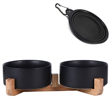 Petygooing Dog Bowls - Black Ceramic Cat Dog Bowl Set with Wood Stand for Food and Water, Modern Non...