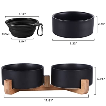 Petygooing Black Ceramic Dog Bowls with Wood Stand