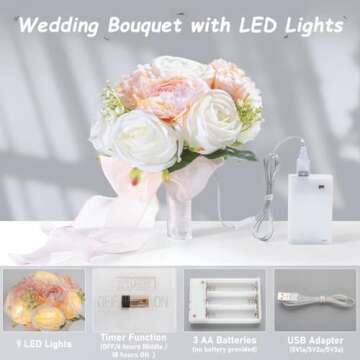 LittleStar Artificial Rose Bouquet Fake Roses with 9 LED Lights Realistic Silk Flowers Roses Bouquet for Bride Bridesmaid, Great for Home Wedding Decoration Party - Pink