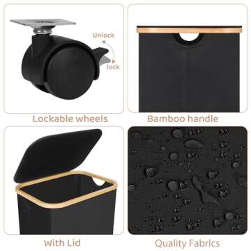 Laundry Basket with Wheels,100L Hampers for Laundry,Black Large Laundry Hamper with Lid and Bamboo Handles,Collapsible & Waterproof Tall Cloth Hamper for Dormitory Family