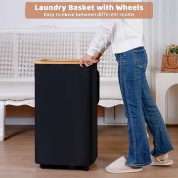 Laundry Basket with Wheels,100L Hampers for Laundry,Black Large Laundry Hamper with Lid and Bamboo Handles,Collapsible & Waterproof Tall Cloth Hamper for Dormitory Family