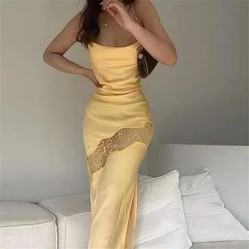 Yuemengxuan Women Satin Cami Maxi Dress Sexy Sleeveless Backless Long Bodycon Slim Dresses Party Cocktail Formal Dress