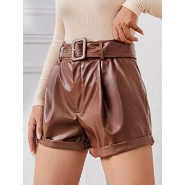 Stylish MakeMeChic Women's Faux Leather High Waist Shorts Brown S
