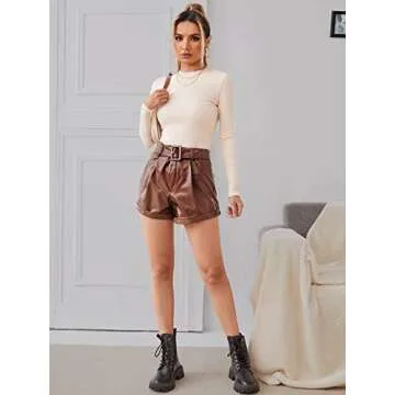 Stylish MakeMeChic Women's Faux Leather High Waist Shorts Brown S