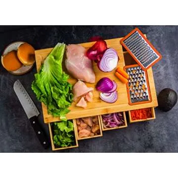ecozoi Bamboo Cutting Board Set: 4 Slide-Out Drawers, 4 Lids, Non-Slip Meal Prep Station, Chopping B...