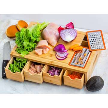 ecozoi Bamboo Cutting Board Set: 4 Slide-Out Drawers, 4 Lids, Non-Slip Meal Prep Station, Chopping Block, Butcher Board with Juice Groove, 2 Bonus Graters - Easy Storage Kitchen Tool