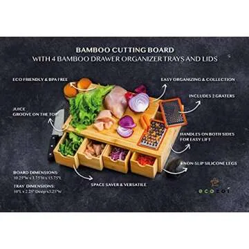 Ecozoi Bamboo Cutting Board with 4 Drawers and Graters