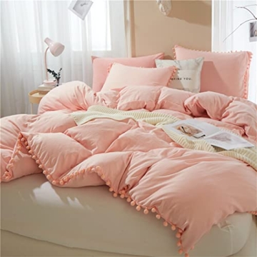 IHOUSTRIY Duvet Cover Queen Size,100% Washed Microfiber 3pcs Bedding Duvet Cover Set, Pom Poms Fring...