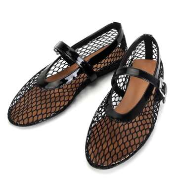 MICIFA Women's Mesh Ballet Flats Ballerina Fishnet Flats Buckle Mary Jane Flats Causal Daily Dress Shoes