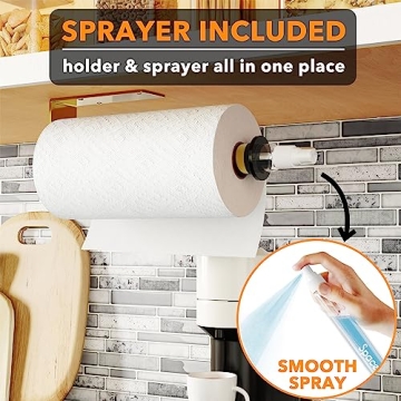 SpaceAid SprayNeat Paper Towel Holder with Spray Bottle, Under Cabinet Paper Towels Holders with Sprayer Inside Center, Hanging Wall Mount Papertowels Roller for Kitchen and Bathroom (Gold)