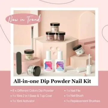 Modelones 12Pcs Dip Powder Nail Kit Starter, 6 Colors Nude Pink Glitter Neutral Skin Dipping Powder Liquid Set with 15ml 2 in 1 Base & Top Coat Activator for Nail Art Beginner Manicure DIY Salon Gift