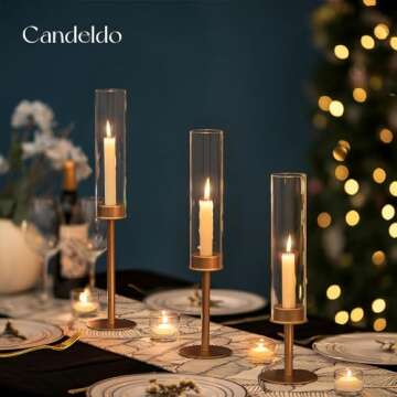 Candlestick Candle Holder Gold Hurricane: Candeldo Taper Candle Holders for Wedding Glass Table Centerpiece for Dining Tables Set of 3 Tall Christmas Candles Stand