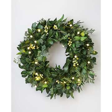 Balsam Hill | Artificial Christmas Wreath for Front Door | Greenery with LED Clear Lights | Indoor & Outdoor Christmas Decor (White Berry Cypress 34")