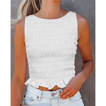 MISSACTIVER Women Frill Smocked Ruffle Hem Crop Tank Top