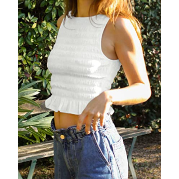 MISSACTIVER Women Frill Smocked Ruffle Hem Crop Tank Top