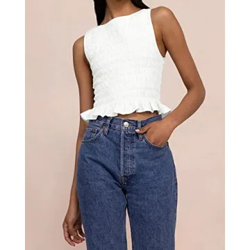 MISSACTIVER Women Frill Smocked Ruffle Hem Crop Tank Top