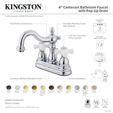Kingston Brass KB1605PX Heritage 4-Inch Centerset Lavatory Faucet with Porcelain Cross Handle, Oil Rubbed Bronze , Oil-Rubbed Bronze