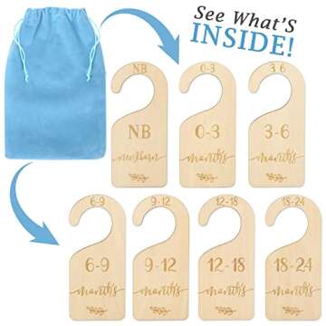 Whaline Wooden Baby Closet Size Dividers Set of 7 Wardrobe Hanger Organizer from Newborn to 24 Month Nursery Decor Dividers with Blue Velvet Bag Design for Home Nursery Infant Baby Clothes