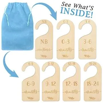 Whaline Wooden Baby Closet Size Dividers Set of 7 Wardrobe Hanger Organizer from Newborn to 24 Month Nursery Decor Dividers with Blue Velvet Bag Design for Home Nursery Infant Baby Clothes