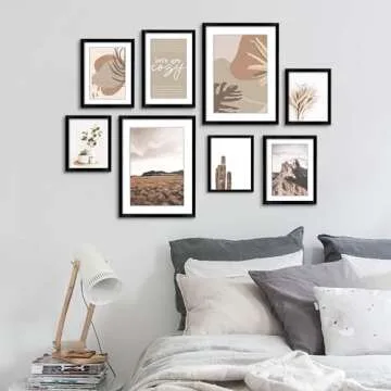 ArtbyHannah 8-Pack Black Gallery Wall Frame Set with Neutral Decorative Prints, Picture Frame Set for Home Decor, with Multi-Size 11x14 x2pcs, 8x10 x3pcs, 6x8 x3pcs