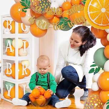 138pcs Little Cutie Baby Shower Balloon Boxes Decorations, Baby Block with Letters Orange Balloon Garland Kit A Little Cutie is On The Way Banner Willow Leaves for Fruit 1st Birthday Party Decorations