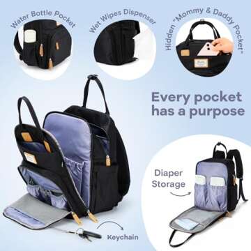 RUVALINO Diaper Bag Backpack, Multifunction Travel Pack Maternity Baby Changing Bags, Large Capacity, Waterproof, Black