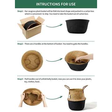 POTEY 710301 Seagrass Plant Basket - Hand Woven Belly Basket with Handles, Middle Storage Laundry, P...