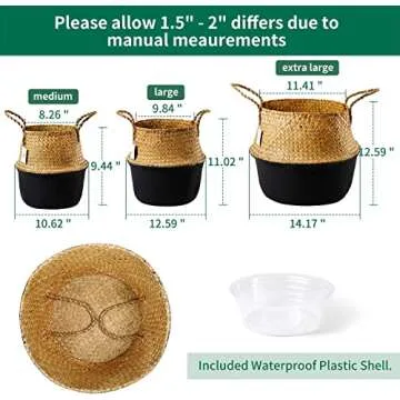 POTEY 710301 Seagrass Plant Basket - Hand Woven Belly Basket with Handles, Middle Storage Laundry, Picnic, Plant Pot Cover, Home Decor and Woven Straw Beach Bag (Middle, Original+Black)