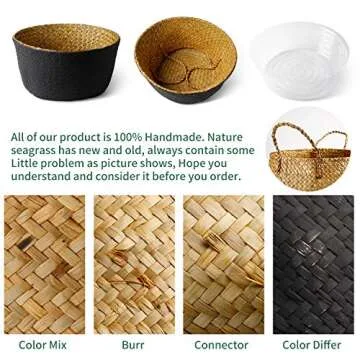 POTEY 710301 Seagrass Plant Basket - Hand Woven Belly Basket with Handles, Middle Storage Laundry, Picnic, Plant Pot Cover, Home Decor and Woven Straw Beach Bag (Middle, Original+Black)