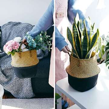 POTEY 710301 Seagrass Plant Basket - Hand Woven Belly Basket with Handles, Middle Storage Laundry, Picnic, Plant Pot Cover, Home Decor and Woven Straw Beach Bag (Middle, Original+Black)