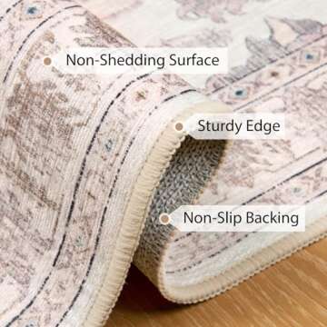 BESTSWEETIE 5x7 Area Rug Washable Rugs for Living Room, No Pile Boho Carpet for Entryway Bedroom Dinning Room, Vintage Carpet Print Distressed Non-Slip, 5 x 7 ft, Pink Beige Grey