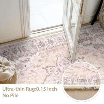 BESTSWEETIE 5x7 Area Rug Washable Rugs for Living Room, No Pile Boho Carpet for Entryway Bedroom Dinning Room, Vintage Carpet Print Distressed Non-Slip, 5 x 7 ft, Pink Beige Grey