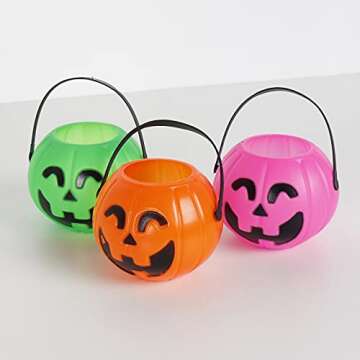 PTYQU Mini Halloween Pumpkin Bucket Orange&Green&Pink Plastic Halloween Witches Cauldron Kettle Multi-Purposed Novelty Candy Holder Decor for Halloween Party (12 Pack)