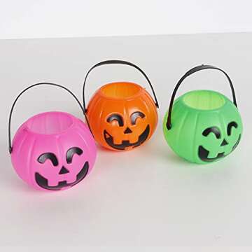 PTYQU Mini Halloween Pumpkin Bucket Orange&Green&Pink Plastic Halloween Witches Cauldron Kettle Multi-Purposed Novelty Candy Holder Decor for Halloween Party (12 Pack)