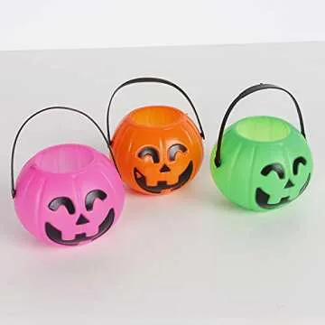 PTYQU Mini Halloween Pumpkin Bucket Orange&Green&Pink Plastic Halloween Witches Cauldron Kettle Multi-Purposed Novelty Candy Holder Decor for Halloween Party (12 Pack)