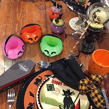 PTYQU Mini Halloween Pumpkin Bucket Orange&Green&Pink Plastic Halloween Witches Cauldron Kettle Multi-Purposed Novelty Candy Holder Decor for Halloween Party (12 Pack)