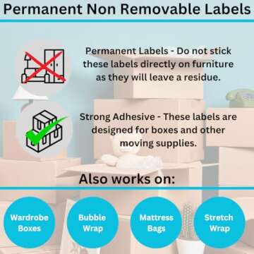 250 Home Moving Labels for 1 Bedroom House. 50 Labels Per Room, 5 Pre-Printed Color-Coded Labels, Includes Fragile Moving Stickers for Moving Boxes, Moving Supplies, Wardrobe Boxes, Apartment Sticker
