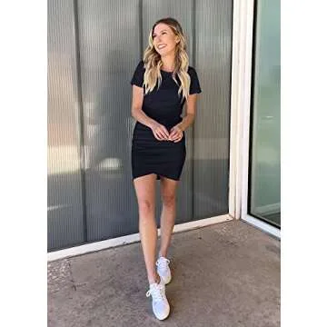 BTFBM Women's 2025 Summer Casual Beach Dresses Crew Neck Short Sleeve Wrap Party Club Mini Ruched Bo...