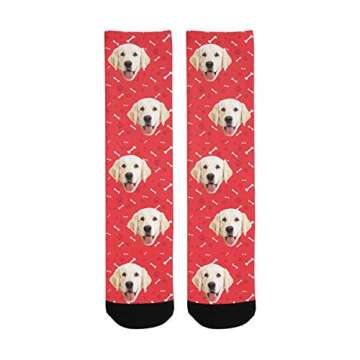 Custom Personalized Printed Photo Socks, Turn Your Picture Face into Bones Cat Dog Tracks Paws Red Crew Socks Unisex