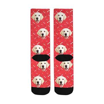 Custom Personalized Printed Photo Socks, Turn Your Picture Face into Bones Cat Dog Tracks Paws Red Crew Socks Unisex