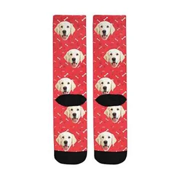 Custom Personalized Printed Photo Socks, Turn Your Picture Face into Bones Cat Dog Tracks Paws Red Crew Socks Unisex